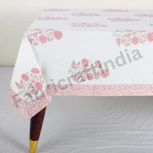 Salmon Pink Indian Floral Hand Block Printed Tablecloth, Dining Table Cover for Wedding Events, Home Decor, Farmhouse, Restaurant, Room, Bar