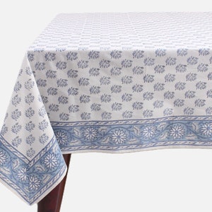 Tablecloth, Sky and Beau Blue Indian Hand Block Floral Printed Cotton Table Cover, Table Top, French Tablecloth, Wedding Home Garden Outdoor