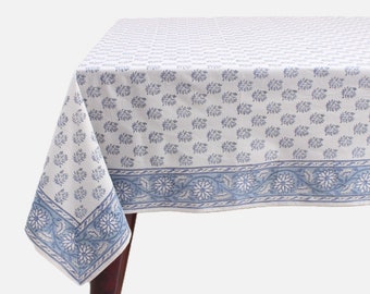 Tablecloth, Sky and Beau Blue Indian Hand Block Floral Printed Cotton Table Cover, Table Top, French Tablecloth, Wedding Home Garden Outdoor