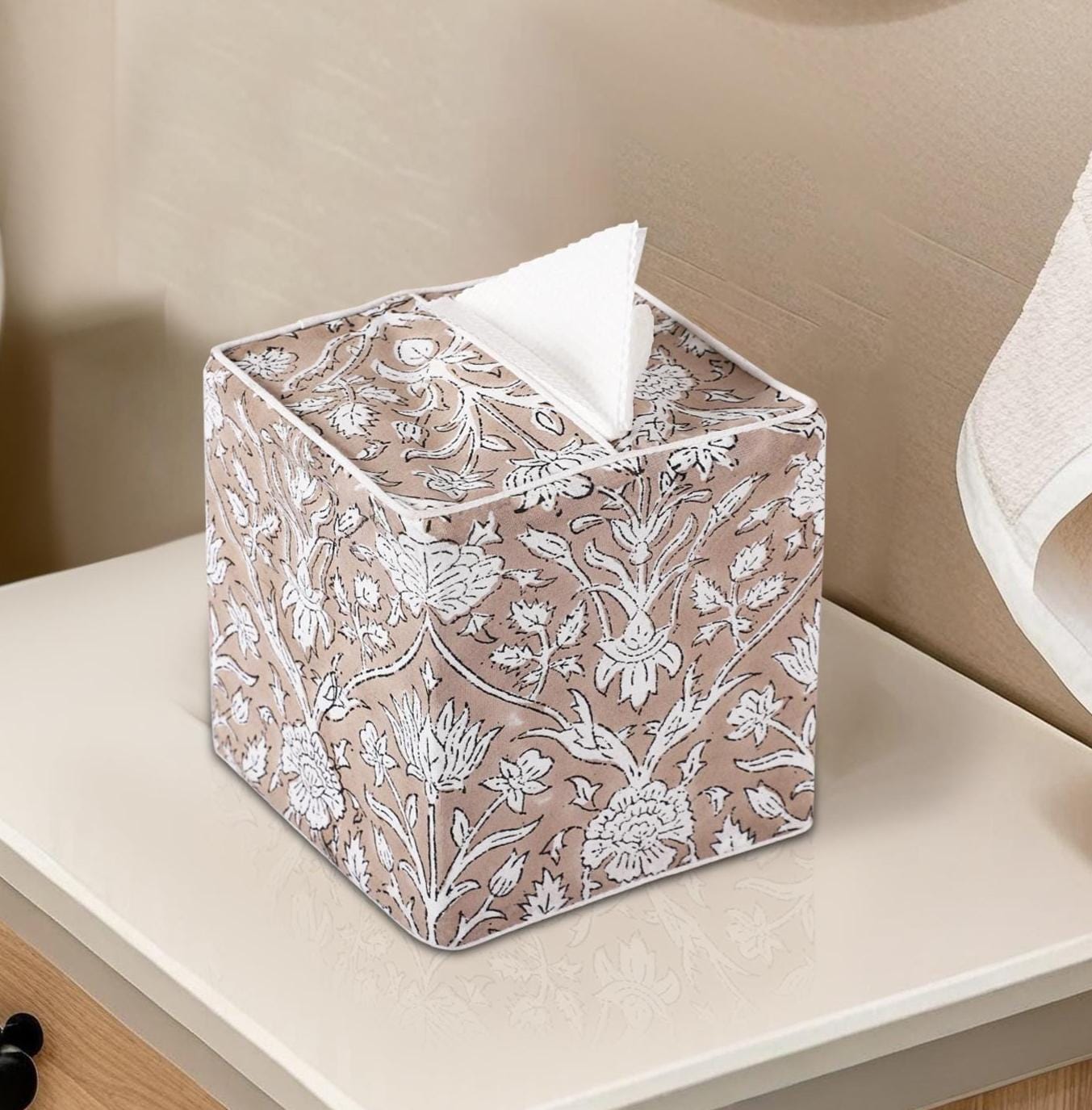 Taupe Floral Cotton Block Print Fabric Tissue Box Cover, Boho Handmade Home Decor, Room Table Organiser, Spring Decor, Housewarming Gift