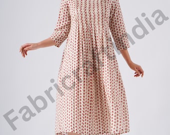 Floral Hand Block Printed Cotton Dress, Venetian Red Indian Design, Lightweight Travel Outfit, Comfortable Breathable Fabric Dress for Women