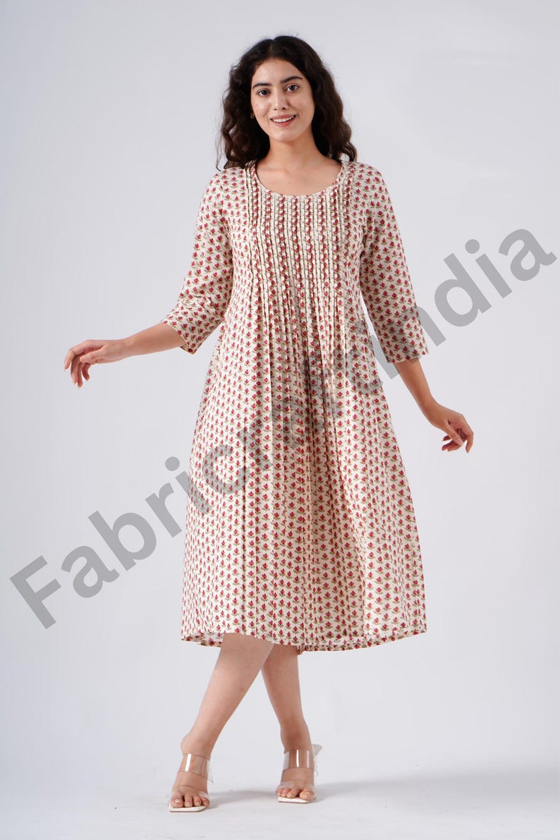 Indian Floral Hand Block Printed Cotton Summer Dress, Wedding Dress