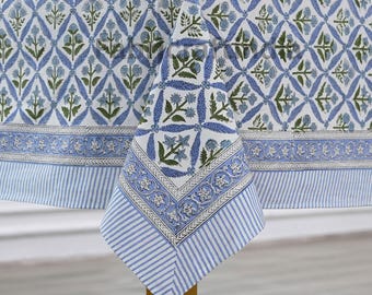 Helle stahlblaue Tischdecke, Handblockdruck-indische Baumwolle Boho-Border-Tischabdeckung für Hochzeitstische, Haus, Esstisch, Restaurant, Geschenk