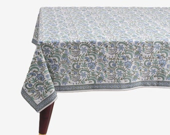 Tablecloth, Columbia Blue, Turquoise Green Indian Hand Block Floral Printed Cotton Table Cover, Table Top, French Tablecloth, Wedding Home