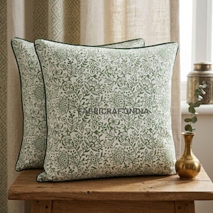 18x18", 20x20", 24x24" Sage Green Floral Pillow Cover: Hand Block Printed Indian Cotton