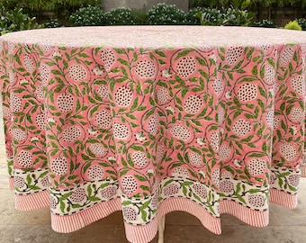 Round Tablecloth, Strawberry Pink Indian Hand Block Floral Printed Table Cover, Vintage French Tablecloth, Botanical Prints, Home and Living