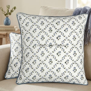 18x18", 20x20", 24x24" Powder Blue Floral Pillow Cover: Hand Block Printed Cotton Cushion