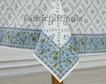 Powder Blue Indian Hand-Block Floral Printed Cotton Tablecloth, Table Top, French Table Cover for Wedding Decor, Home Decor, Outdoor, Gifts