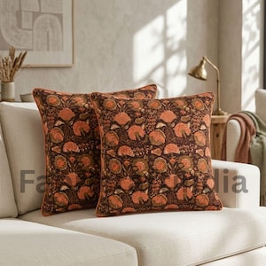 Burgundy Pillow Covers, Indian Hand-Printed Leaf Covers, Cushion Covers for Couches, Living Rooms, Designer Pillow Covers