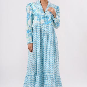 Baby Blue Hand-Printed Cotton Long-Sleeve Dress, Boho Floral Maxi Dress, Blue & White Indian Prairie Style Cottagecore Dress, Outdoor Dress