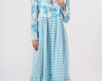 Hand-Printed Cotton Maxi Dress, Boho Floral Prairie Style Lightweight Comfortable Wear for Women, Soft and Breathable Fabric Dress for Her