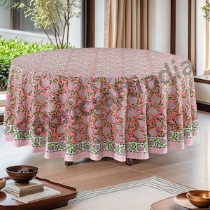 Strawberry Pink Round Tablecloth, Hand Block Printed Eco-Friendly Home Essentials, Biodegradable Cotton Table Cover for Home Wedding Event