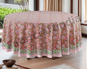 Strawberry Pink Round Tablecloth, Hand Block Printed Eco-Friendly Home Essentials, Biodegradable Cotton Table Cover for Home Wedding Event