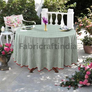 Round Tablecloth Green Stripes with Red Scallop Piping, Eco-Friendly Home Essentials, Cotton Table Cover for Home Decor, Wedding Event Gifts