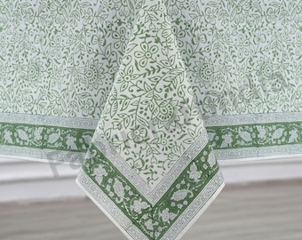 Sage Green Floral Jaal Indian Hand Block Printed Tablecloth, Vintage, Minimalist, Table Linen for Wedding, Home Decor, Outdoor, Restaurants