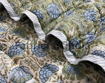Edredón verde espárrago, manta acolchada de algodón estampada a mano con estampado floral para sofá y cama, cubrecama extragrande.