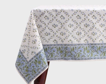 Tablecloth, Powder and Pigeon Blue, Green Indian Hand Block Floral Printed Cotton Table Cover, Table Top, French Tablecloth, Wedding Home