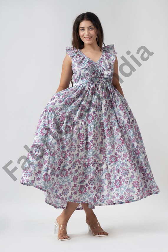 Floral Maxi Dress: Hand Block Printed Cotton Ruffle Collar Dress