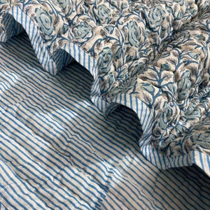 May include: A quilted blanket featuring a floral design in blue and grey on a white backdrop. It has a striped border and is layered over a blue and white striped sheet. The bedding has a soft, textured appearance.