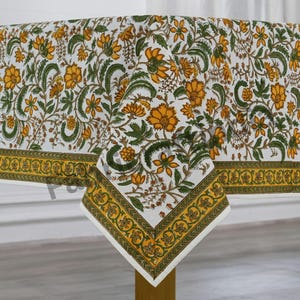 Five Call Golden Indian Hand Block Printed Cotton Floral Tablecloth, Fall Table Top French Table Cover for Wedding Events, Home Outdoor Gift