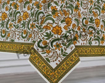 Five Call Golden Indian Hand Block Printed Cotton Floral Tablecloth, Fall Table Top French Table Cover for Wedding Events, Home Outdoor Gift