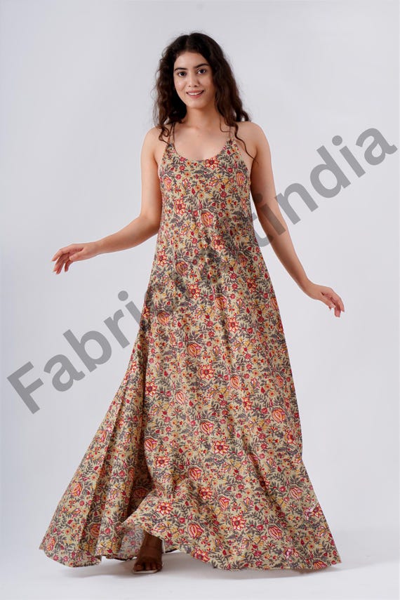 Floral Hand Printed Cotton Maxi Dress, Rifle Green Summer Wear for Women, Comfortable Fit