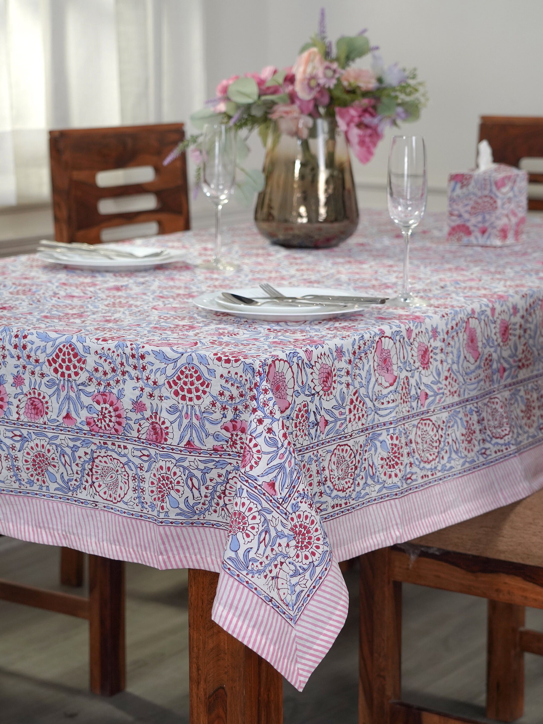 India Block Print Cotton Table Cloth Floral Pattern Serenity Etsy UK