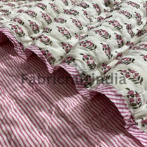 Punch Pink Tröster Quilt, Floral Hand Block Gedruckt Baumwolltuch Gesteppter Wurf Deckenbezug für Couch, Bett, Schoßbettwäsche, übergroßer Überwurf