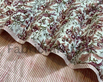 Hand Block Printed Cotton Quilt, Rose Pink Floral Throw Blanket, Bedding Coverlet Home Decor