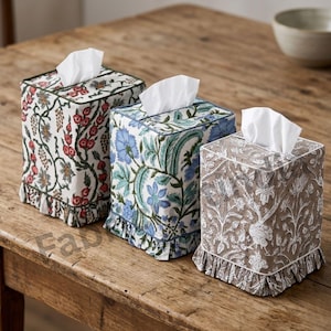 Floral Hand Block Printed Tissue Box Cover with Ruffle, Cotton EcoFriendly Reusable Fabric Tissue Holder, Table Organizer, Living Room Decor
