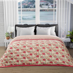 Hand-Printed Cotton Quilt, Floral Comforter, Oversized Bed Throw Blanket image 6