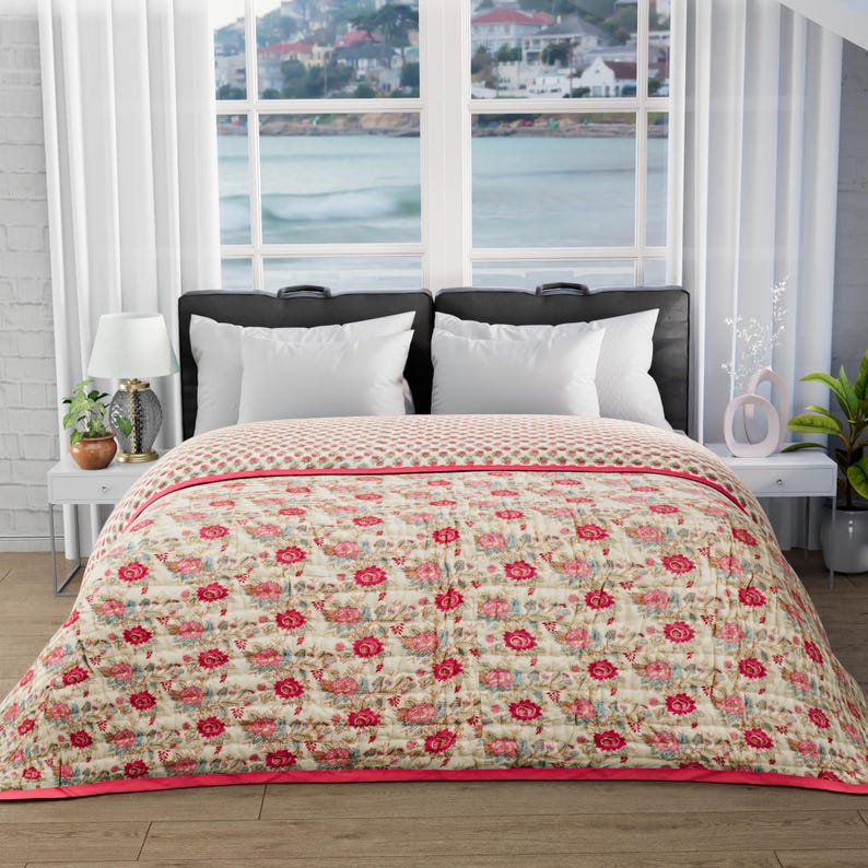 Hand-Printed Cotton Quilt, Floral Comforter, Oversized Bed Throw Blanket image 6