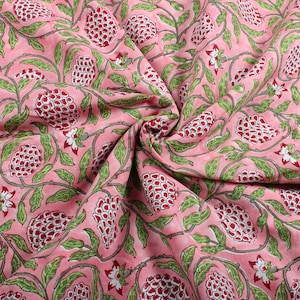 Strawberry Pink Indian Floral Hand Block Printed Cotton Fabric by Yard, 42" Wide Fabric for Sewing Dress, Cushions, Curtains, Napkins