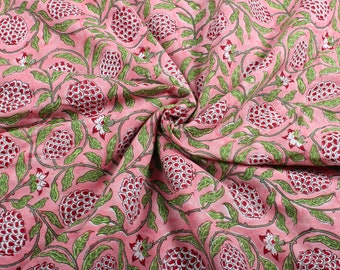 Strawberry Pink Indian Floral Hand Block Printed Cotton Fabric by Yard, 42" Wide Fabric for Sewing Dress, Cushions, Curtains, Napkins