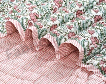 Tulip Pink Comforter Quilt, Hand Block Printed Cotton Quilted Throw Blanket Cover for Couch, Bed, Lap Bedding Coverlet, Living Room Decor