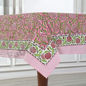 Strawberry Pink, Green and Red Indian Floral Hand-Block Printed Cotton Tablecloth, Vintage Table Top, Table Cover for Wedding Home Decor