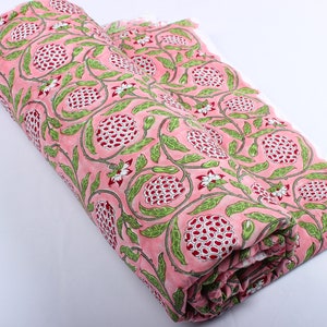 Fabric by Yard Strawberry Pink, Green, and Red Indian Floral Block Printed Cotton Cloth for Gift Dress Bags Womens Clothing Cushion Curtain