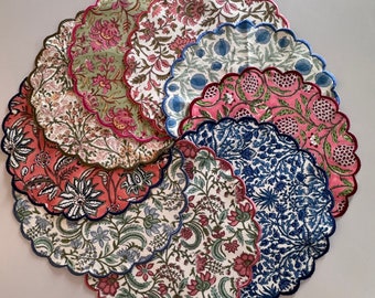 Hand Block Printed Cotton Placemats: Indian Floral Embroidered Table Mats 15X15"