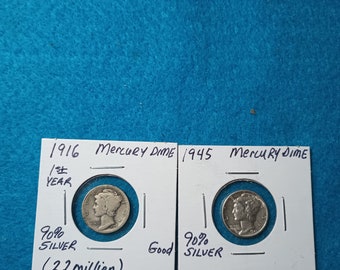 1916 1945 Mercury Dime 2 coin set First Last Year Set