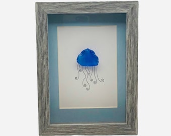 Dark Blue Jellyfish Framed Sea Glass Art