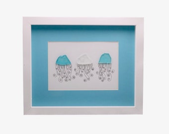 Three Jellyfish Sea Glass Framed Art