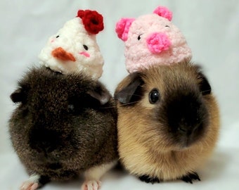 Gorros de pollo y cerdo tejidos a crochet para cobayas, conejos, gatos, hámsters, chinchillas y otras mascotas pequeñas | Accesorios pequeños para gorros hechos a mano