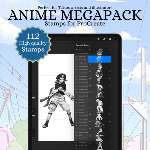 лчший 112 Procreate anime Stamp Brush Megapack - 112 уникалных дизайнов динамического аниме -и emсииисمس iPad и iPhone! беспатна تأب من кис в подарок!