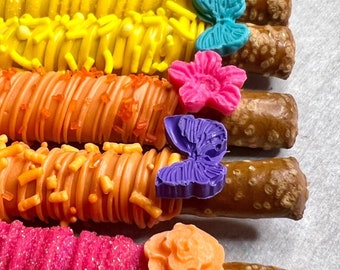Chocolate Covered Pretzel Rods: Flower Butterfly Party Favors (1 Dozen)