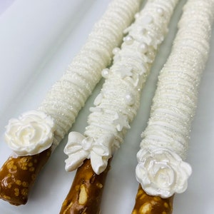 White Chocolate Pretzel Rods Gold Silver White With Rose or Bow Baby Shower Wedding Party Favor Birthday Treat Candy Table Gift image 1