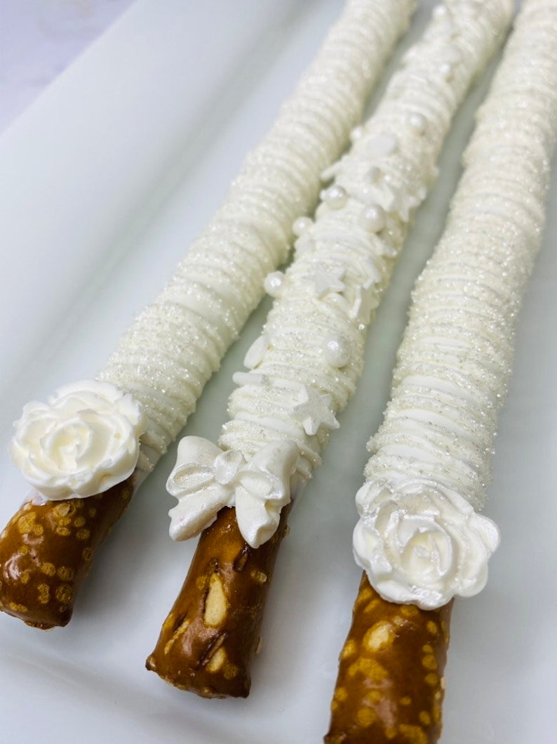 White Chocolate Pretzel Rods Gold Silver White With Rose or Bow Baby Shower Wedding Party Favor Birthday Treat Candy Table Gift image 1