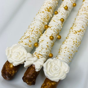 White Chocolate Pretzel Rods Gold Silver White With Rose or Bow Baby Shower Wedding Party Favor Birthday Treat Candy Table Gift image 2