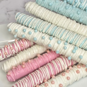 Gender Reveal Pink and Blue Baby Shower Chocolate Covered Pretzel Rods  Candy Treat Table Party Favor 1 Dozen