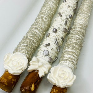 White Chocolate Pretzel Rods Gold Silver White With Rose or Bow Baby Shower Wedding Party Favor Birthday Treat Candy Table Gift image 3