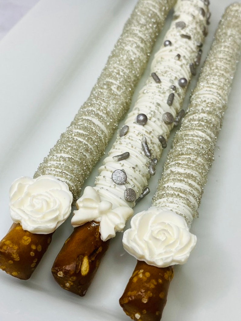 White Chocolate Pretzel Rods Gold Silver White With Rose or Bow Baby Shower Wedding Party Favor Birthday Treat Candy Table Gift image 3